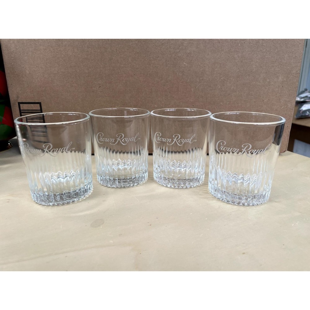 Crown Royal Canadian Whisky Rocks Glasses Set of 4 Etched Logo Fluted Base Clear